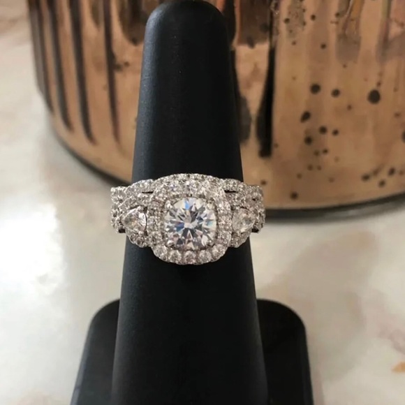 3 Pcs 925 Silver Engagement Ring Wedding Band SET - Picture 1 of 8